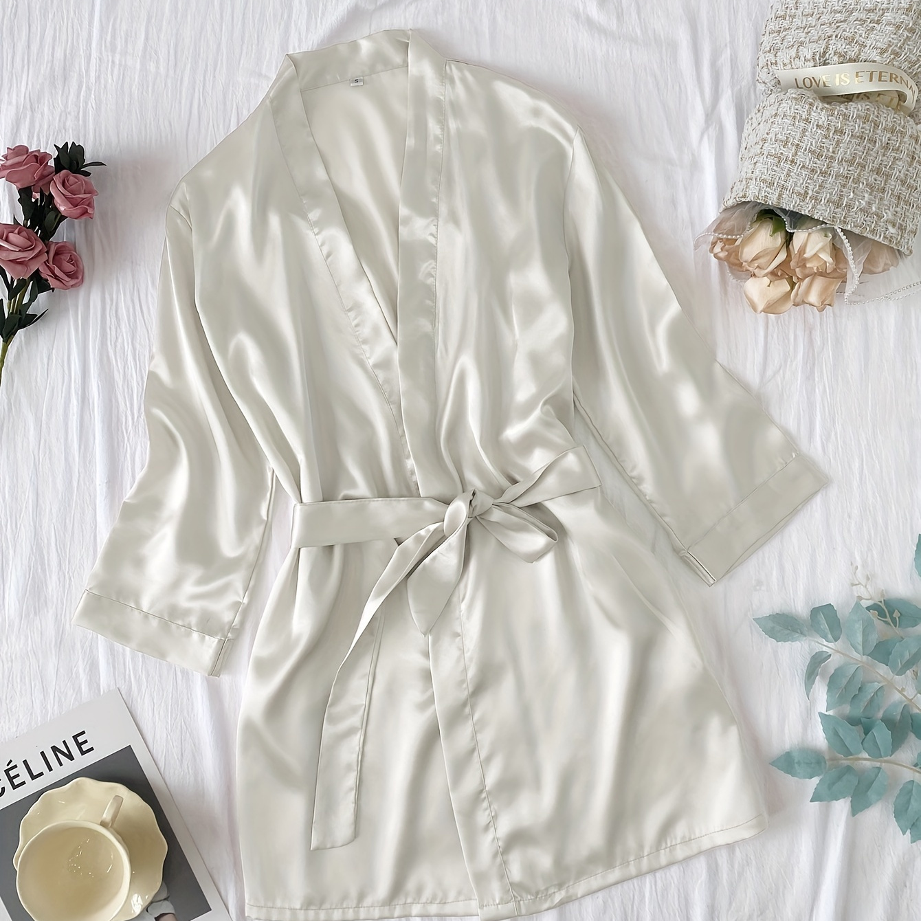 

Elegant Solid Satin Night Robes, Comfy Quarter Sleeve Robe With Belt, Women's Loungewear & Sleepwear