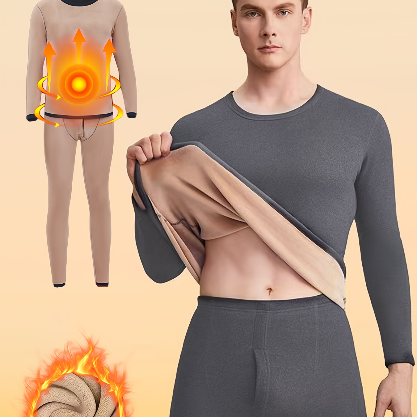 

Men's Winter Thermal Underwear Set - Fleece-lined, Long Sleeve Crew Neck Top & Pants For