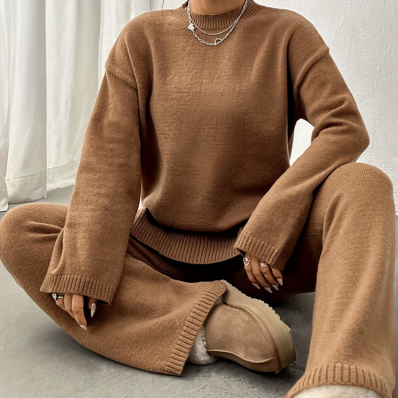 

Casual Solid Color Knitted Pants Set, Crew Neck Drop Shoulder Loose Sweater & Straight Leg Loose Pants, Women's Clothing