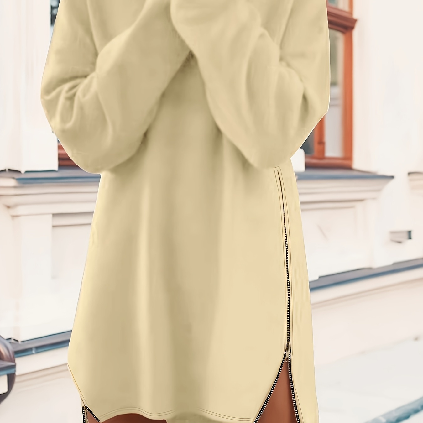 

Chic Fleece-lined Zip-up Sweatshirt Dress For Women - Casual Solid Color, Long Sleeve With Round Neck - Fall/winter