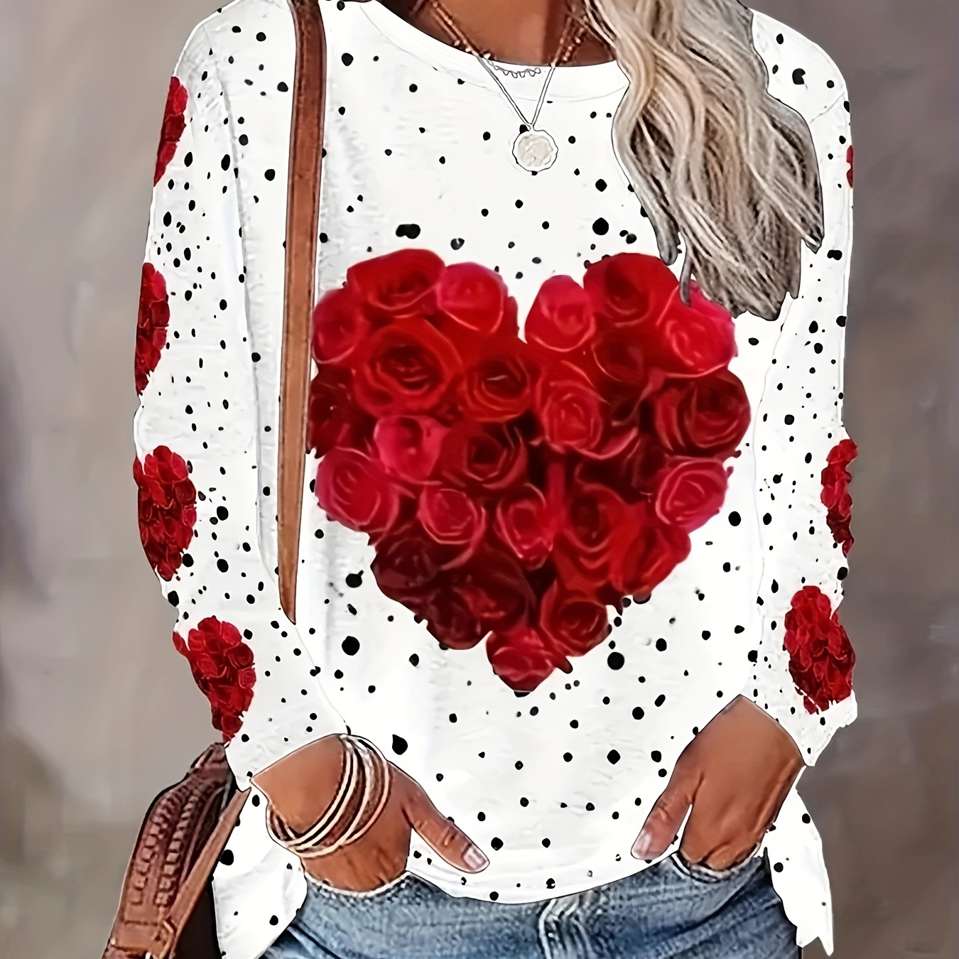 

Women's Valentine's Day Love Heart Print T-shirt, Casual Crew Neck Long Sleeve Top, Polyester 95% Spandex 5%, Knit Fabric, Regular Fit, Spring/summer/fall Fashion, 180gsm