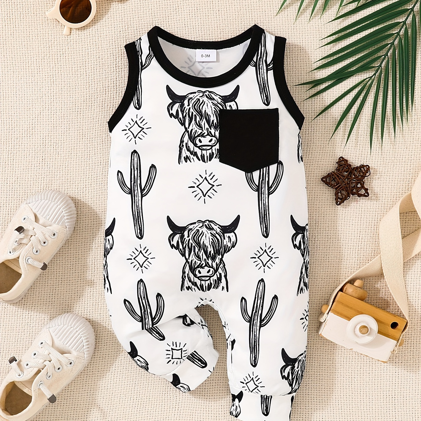 

Infant's Cartoon Bull & Cactus Print Cotton Bodysuit, Comfy Sleeveless Onesie, Baby Boy's Clothing, As Gift