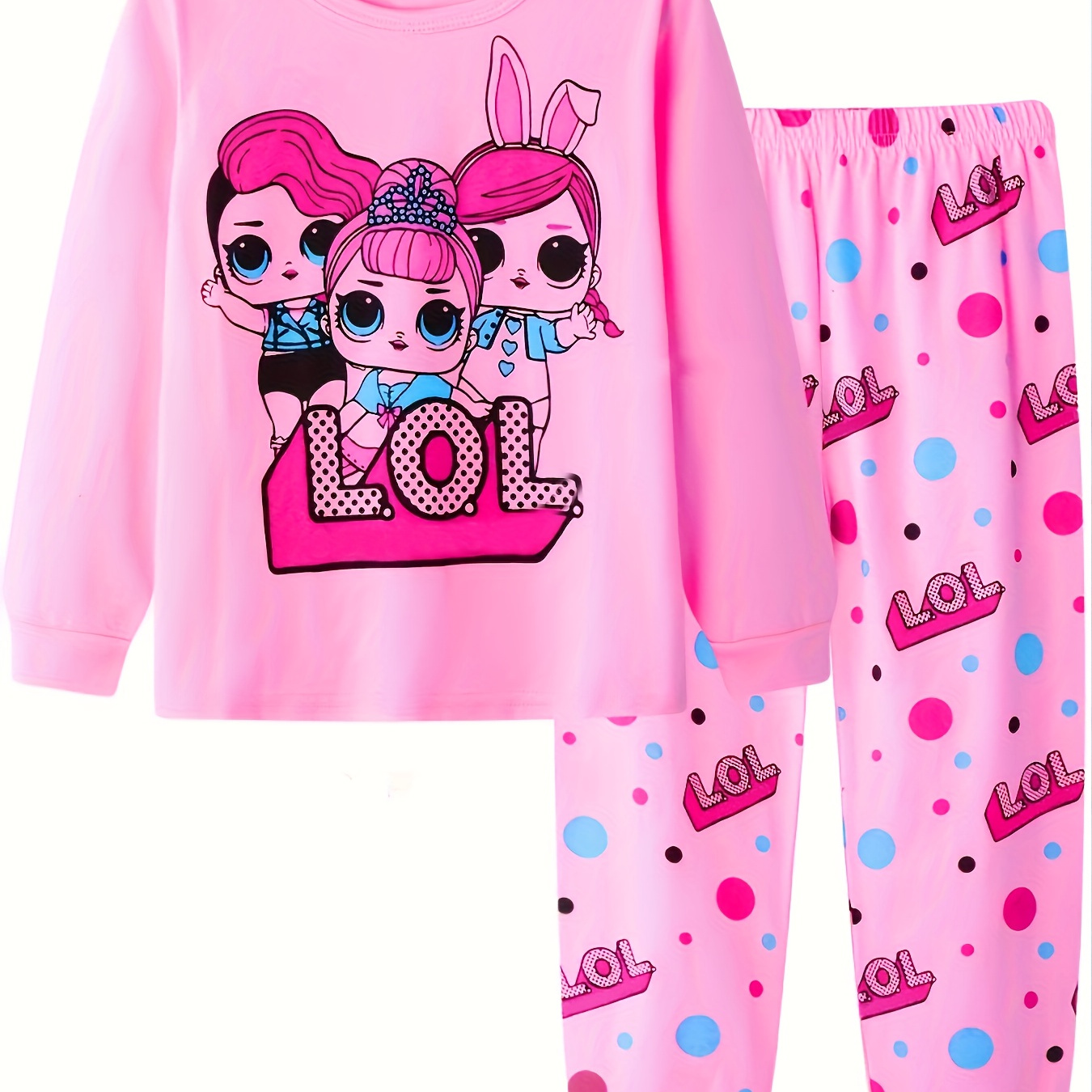

Toddler Girls 2-piece Cotton Pajama Sets Cartoon Girls Pattern Round Neck Long Sleeve Top & Full Print Trousers Casual Pj Sets For All Seasons