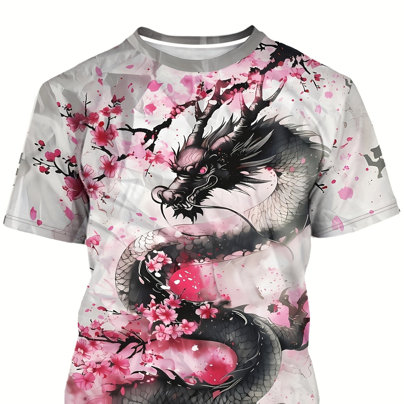 

T-shirt d'été à manches courtes et col rond pour hommes avec motif de fleurs de pêcher et dragon imprimé en 3D, Vêtements pour hommes