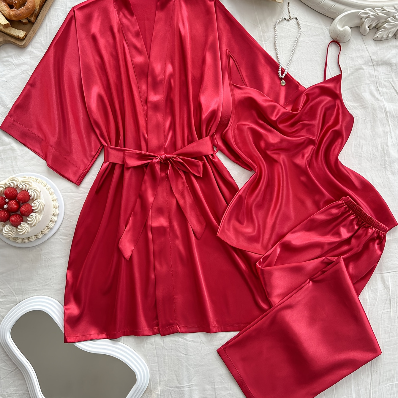 

3pcs Women's Satin Pajama Set - Sexy Solid Color Sleepwear With Cowl Neck Robe And Long Pants, Woven Polyester Nightwear For Adults