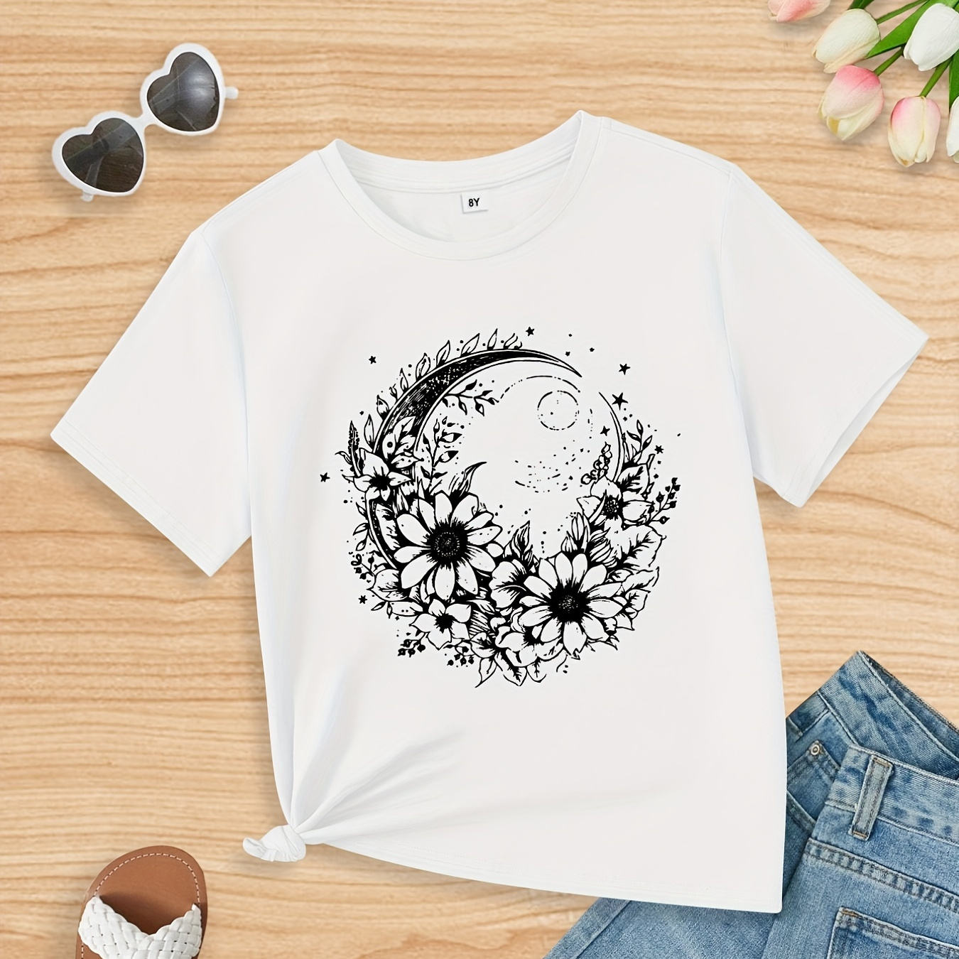 

Flower Moon Graphic Shirt Short Sleeve Tops For Spring And Summer, Holiday, Party, Sports