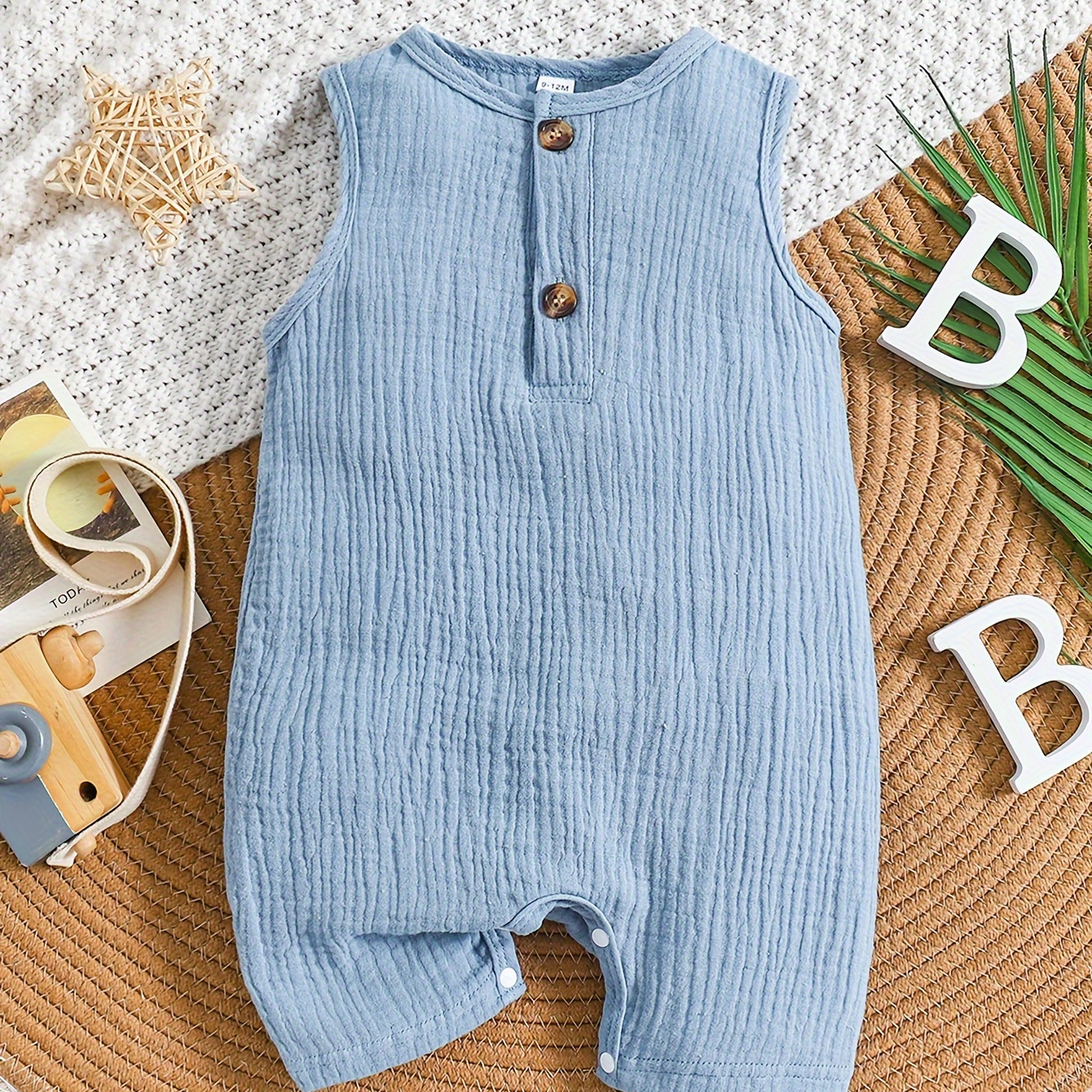 

Baby's Solid Color Comfy Cotton Sleeveless Romper, Toddler & Infant Boy's Muslin Bodysuit For Spring Summer