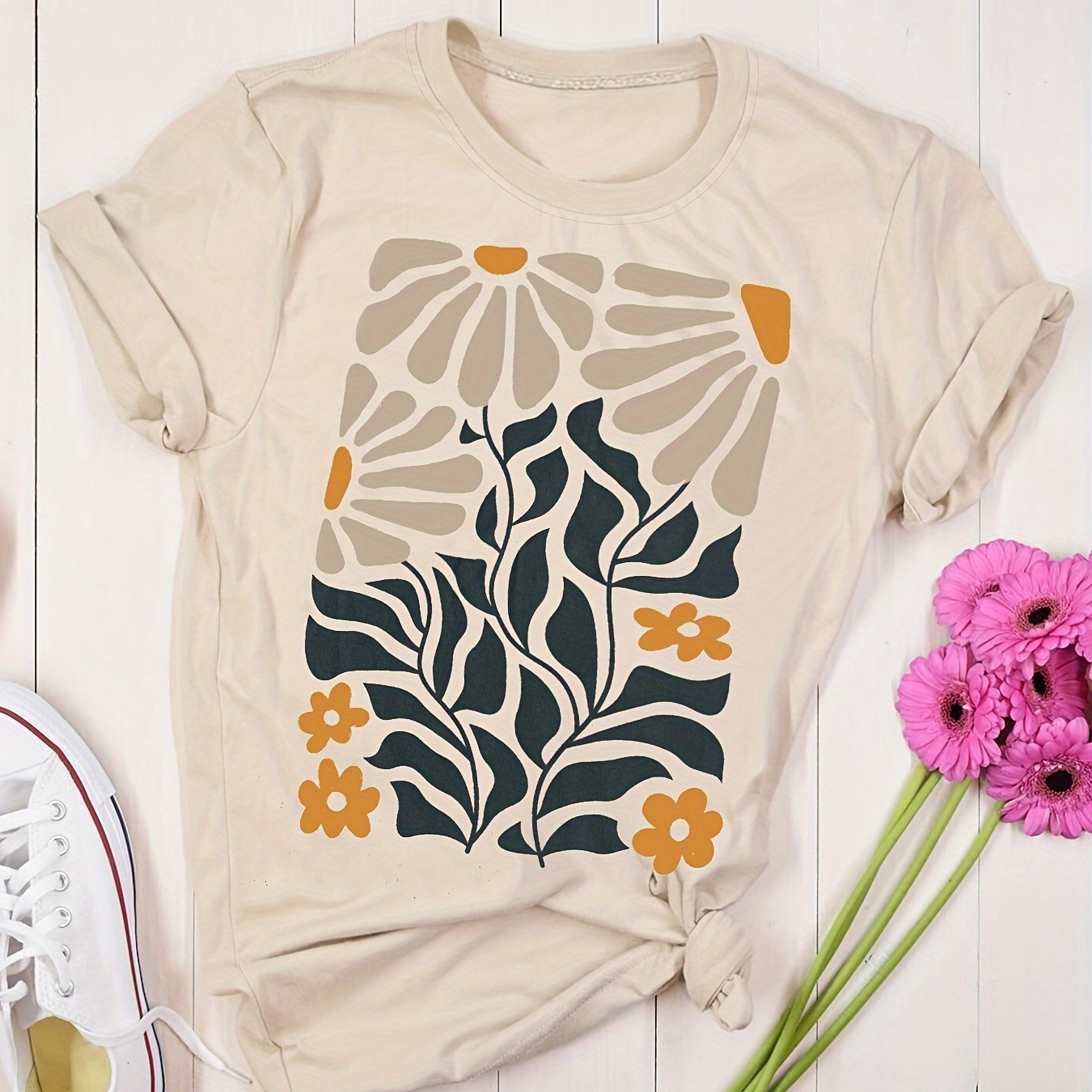 

T-shirt À Col Rond À Imprimé Floral, Haut Décontracté À Manches Courtes Pour Le Printemps Et L'été, Vêtements Pour Femmes