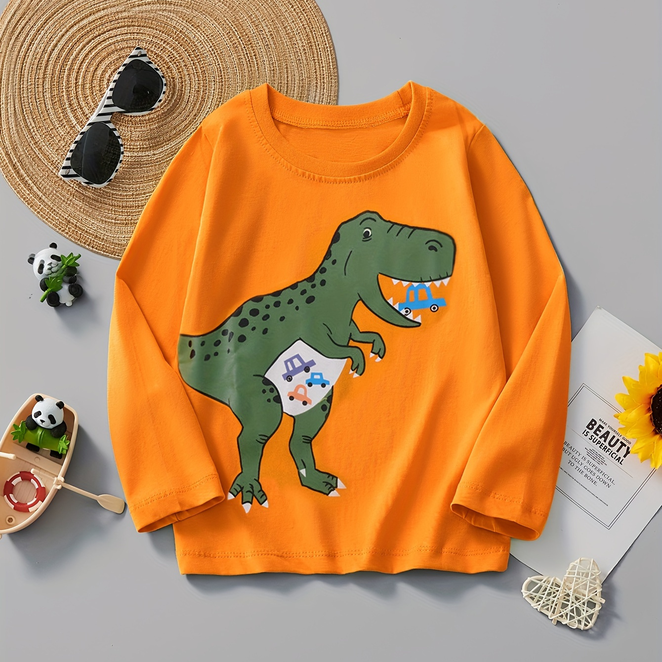 

Toddler's Boys Cotton Cute Long Sleeve T-shirt With Small Dinosaur Pattern, Trendy For Autumn And Winter