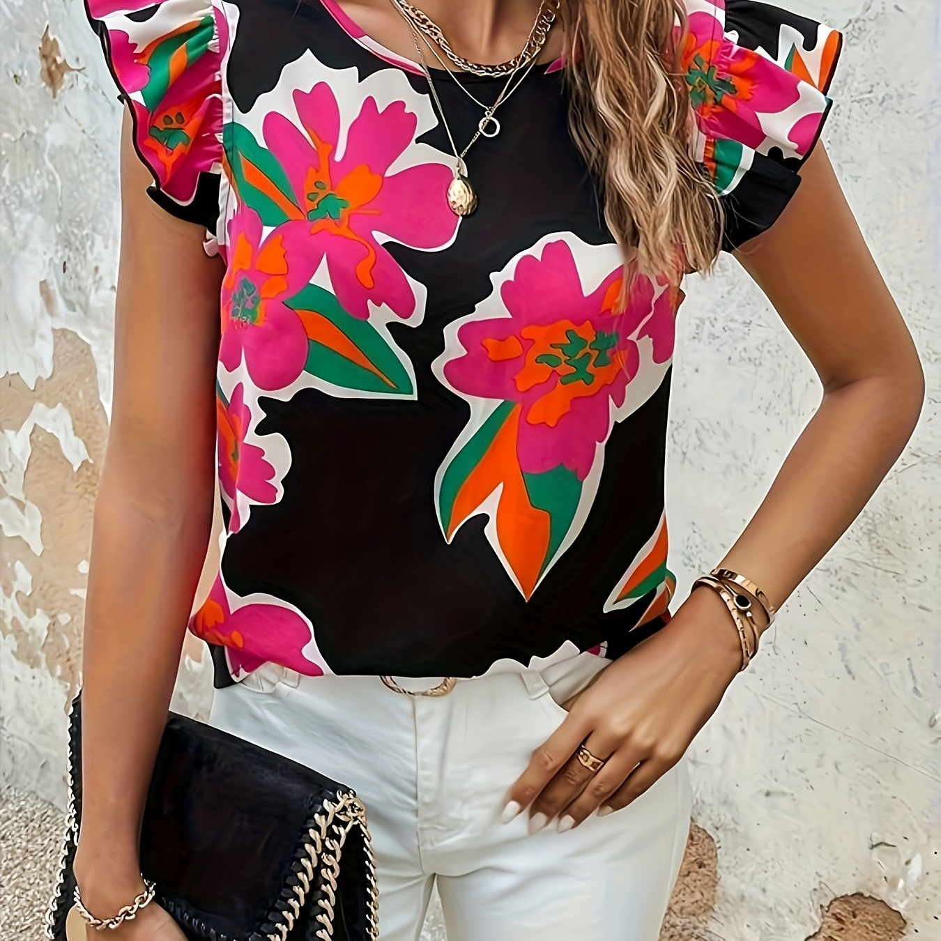 

Floral Print Crew Neck Blouse, Elegant Flutter Sleeve Top For Spring & Summer, Women's Clothing