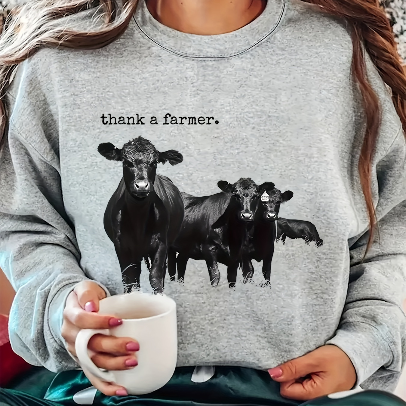 

Plus Size Cattle Print Sweatshirt, Casual Long Sleeve Crew Neck Pullover Sweatshirt, Women's Plus Size Clothing