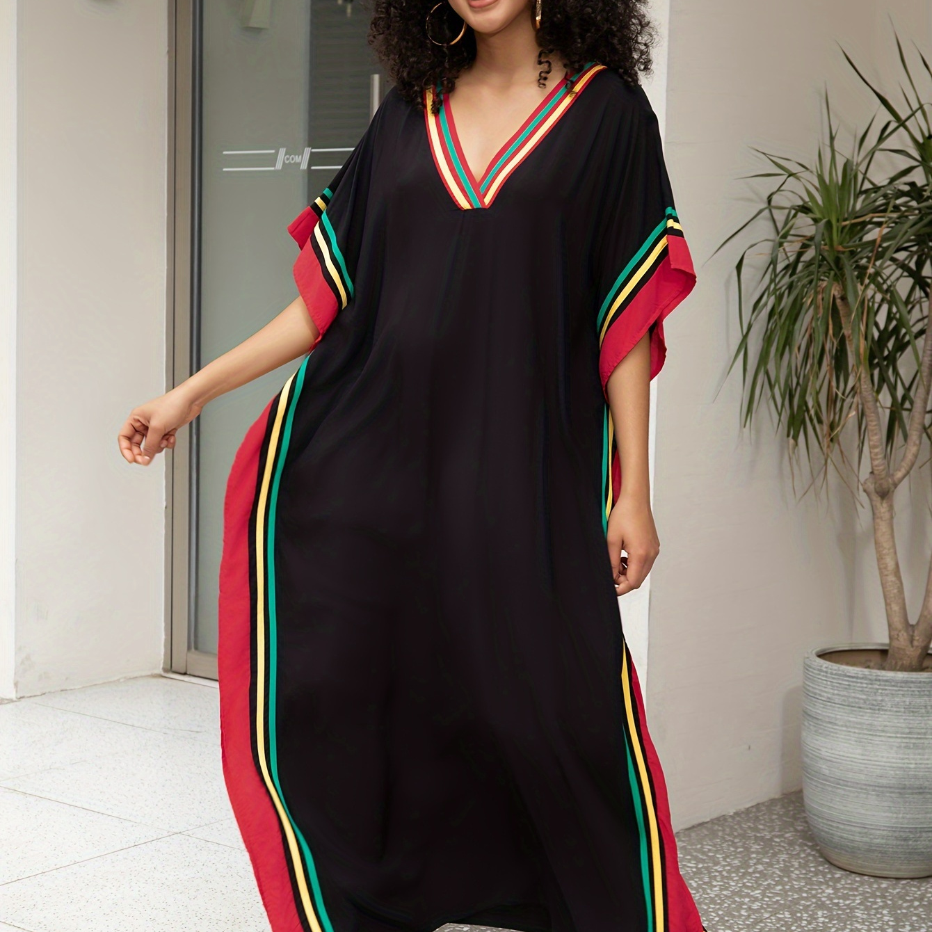 

Women's Boho Cover Up, Plus Size Contrast Colorful Striped Print V Neck Loose Fit Vacay Beach Kaftan Dress