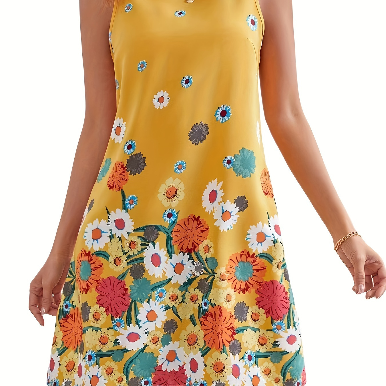 

Robe d'été sans manches à col rond imprimé floral, une tenue élégante pour le printemps et l'été, vêtements pour femmes