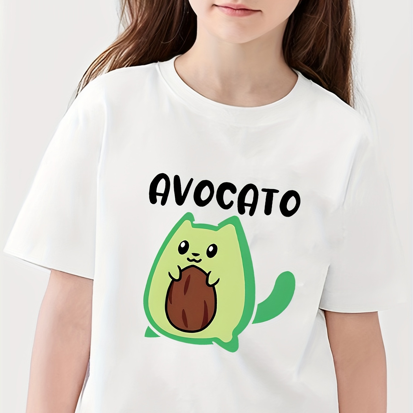 

Avocato And Cute Anime Animal With Core In Avocado Color Graphic Print For Girls, Comfy And Fit T-shirt Top Pullover For Spring And Summer For Outdoor Activities