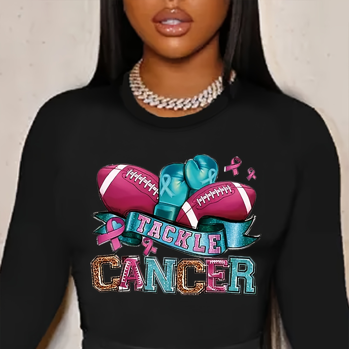 

Plus Size Casual T-shirt, Women's Plus Rugby & Gloves & Art Letter Print Long Sleeve Round Neck Slight Stretch T-shirt