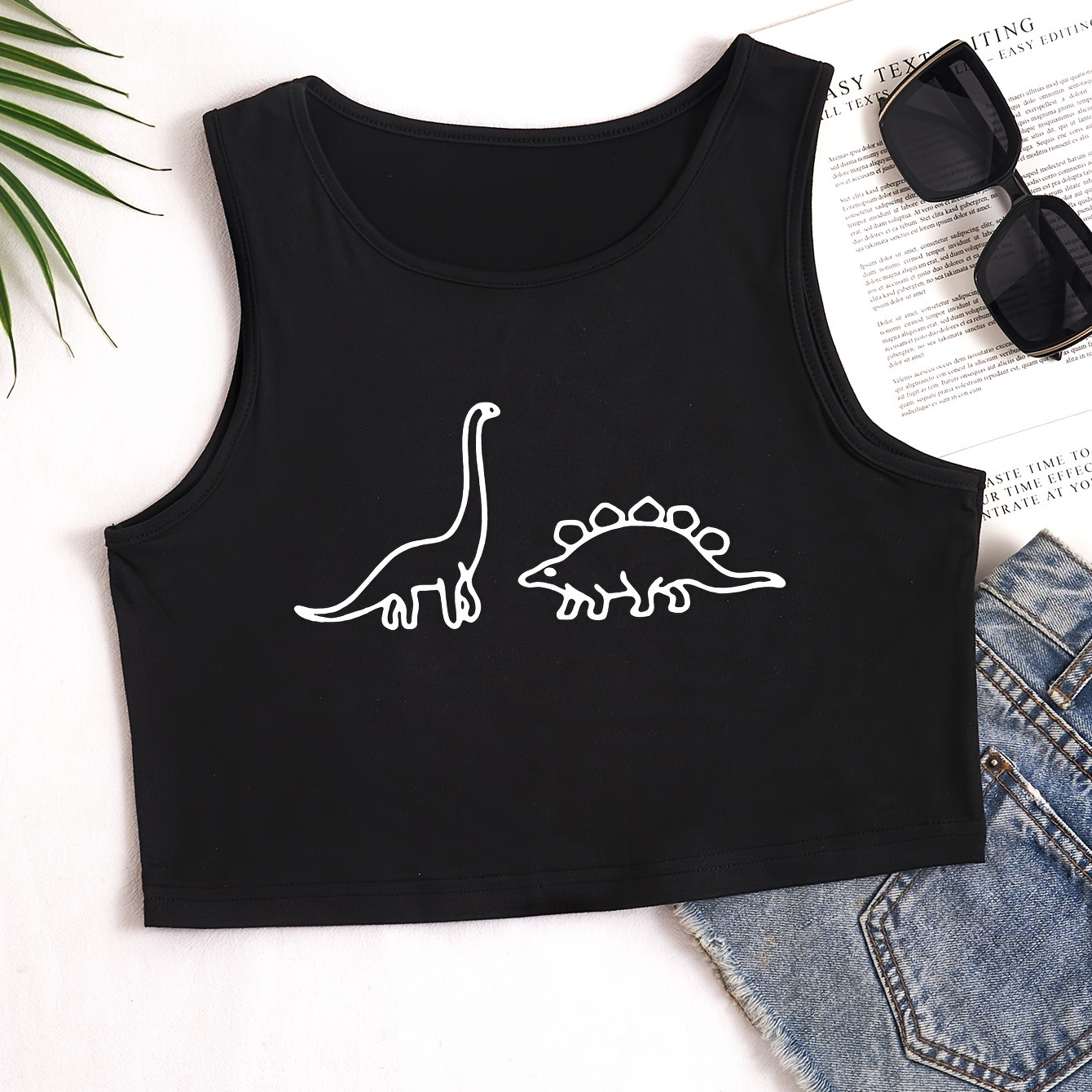 

Cute Dinosaur Print Crop Tank Top, Casual Crew Neck Sleeveless Summer Top, Women's Clothing