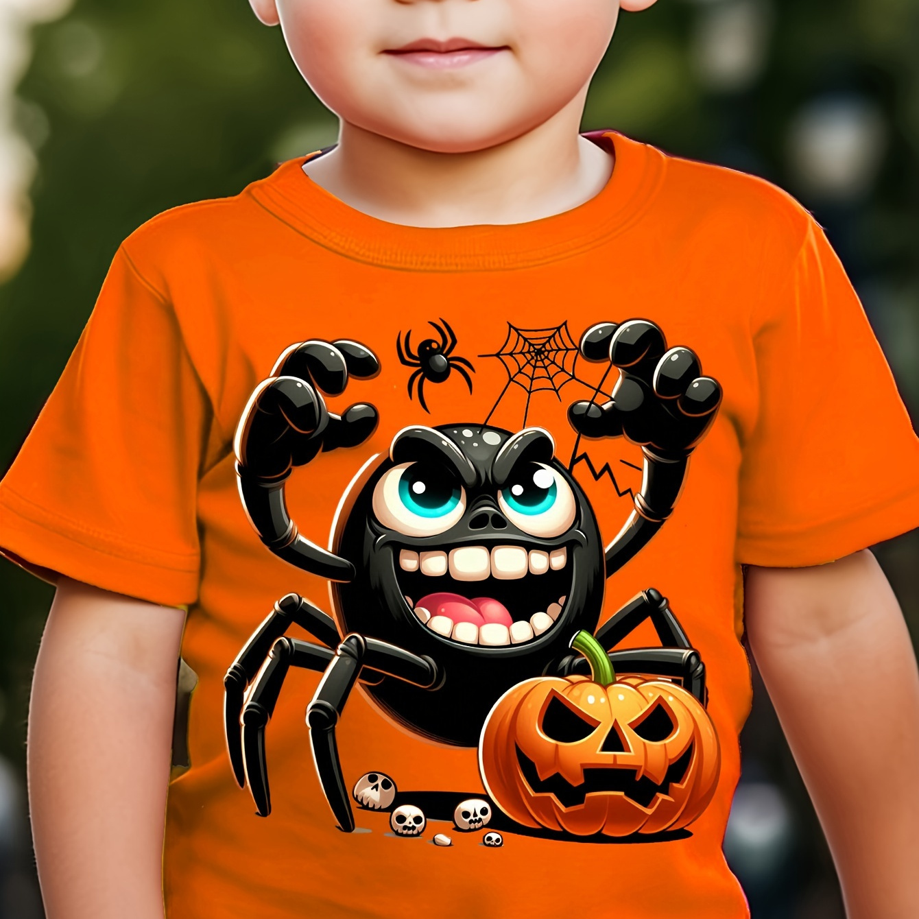 

Pumpkin And Spider Print Boy's T-shirt, Lightweight And Comfortable Short Sleeve T-shirt, Boy's Summer Clothing