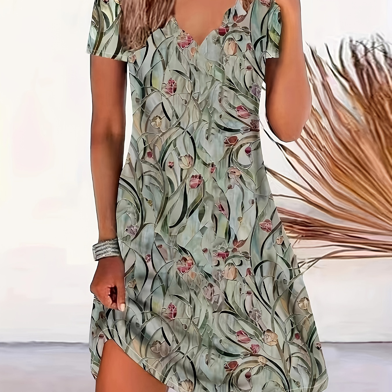 Floral Applique Dress, Casual V Neck Cold Shoulder Dress, Women's ...