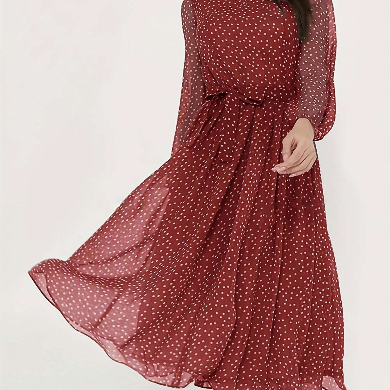 

Polka-dot Print Tie Waist Dress, Elegant Long Sleeve Aline Dress For Spring & Fall, Women's Clothing