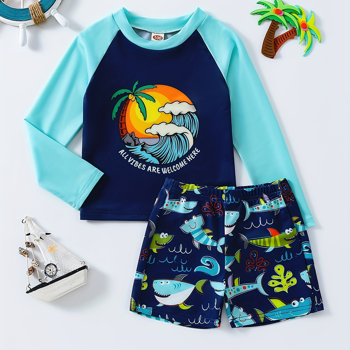 

2pcs Boy's Cute Cartoon Shark Pattern Swimsuit Set, Long Sleeve Raglan Top & Elastic Waist Swim Trunks Set, Elastic Swimsuit, Boy's Swimwear For Summer Beach Vacation