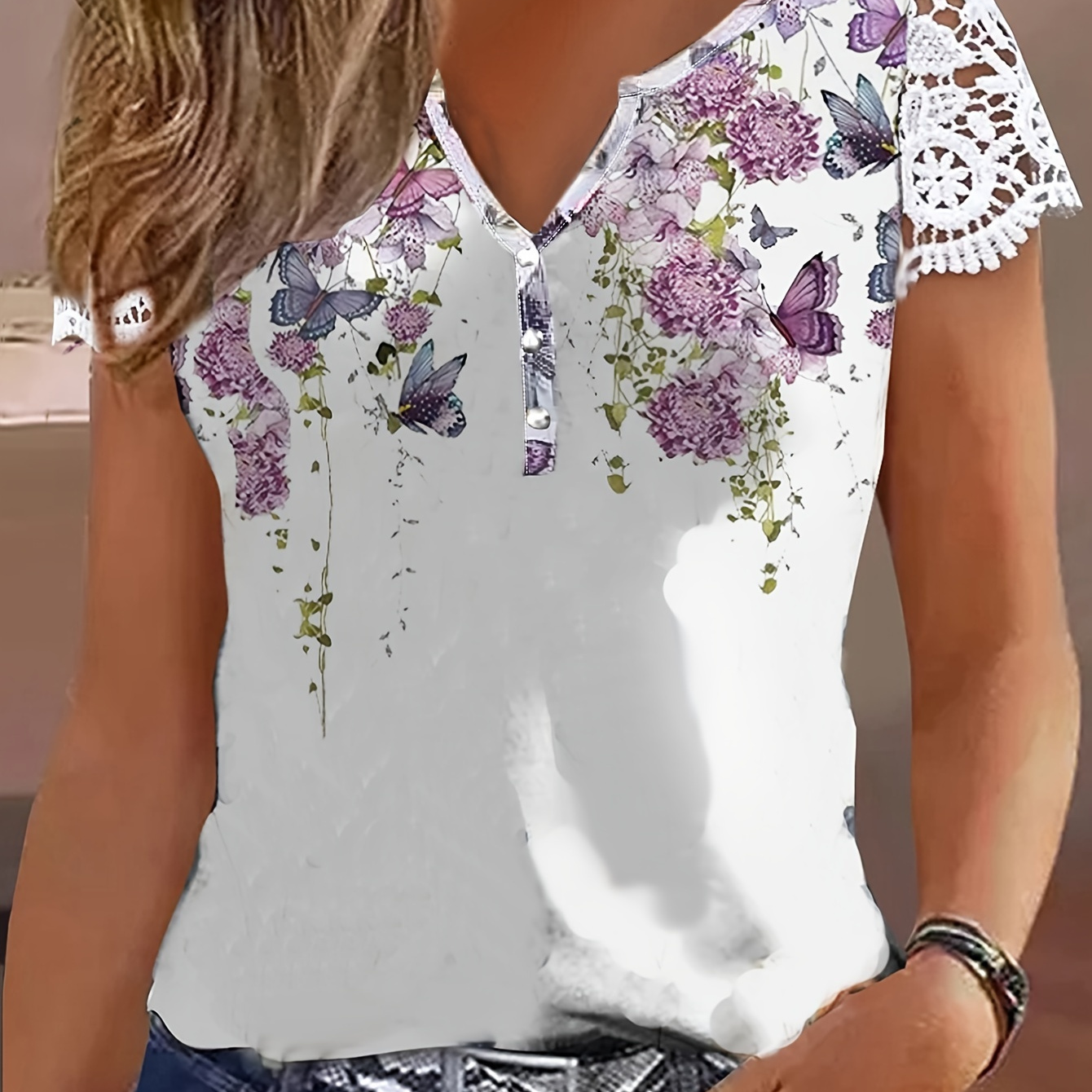 

Floral Print Notched Neck T-shirt, Casual Lace Sleeve Top For Spring & Summer, Women's Clothing