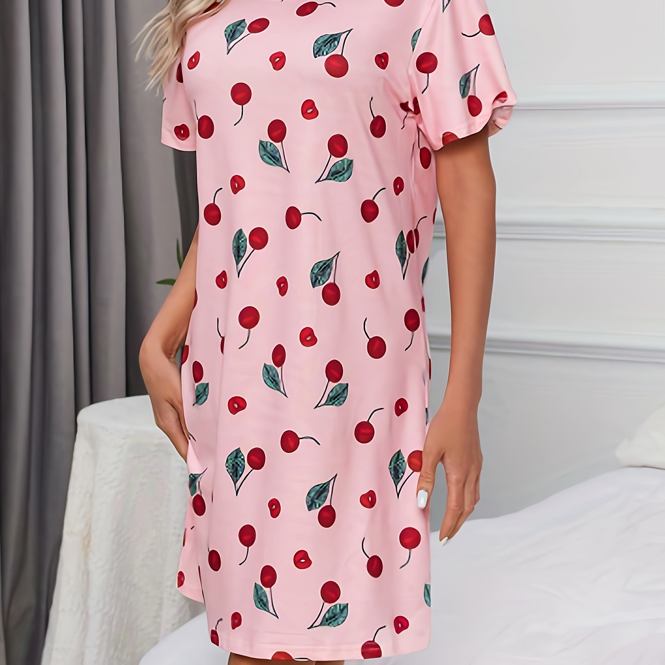 

Cherry Print Nightgown, Casual Short Sleeve Round Neck Loose Fit Dress, Women's Sleepwear
