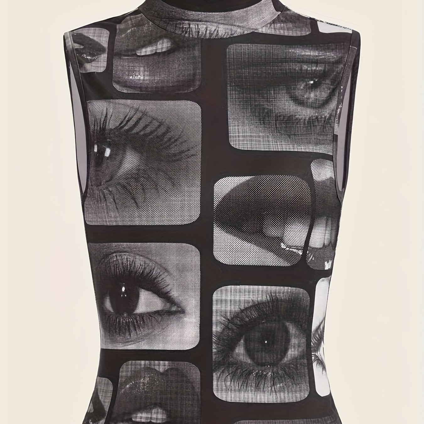 

Eyes & Mouth Print Mock Neck Tank Top, Y2k Sleeveless Tank Top For Summer, Women's Clothing
