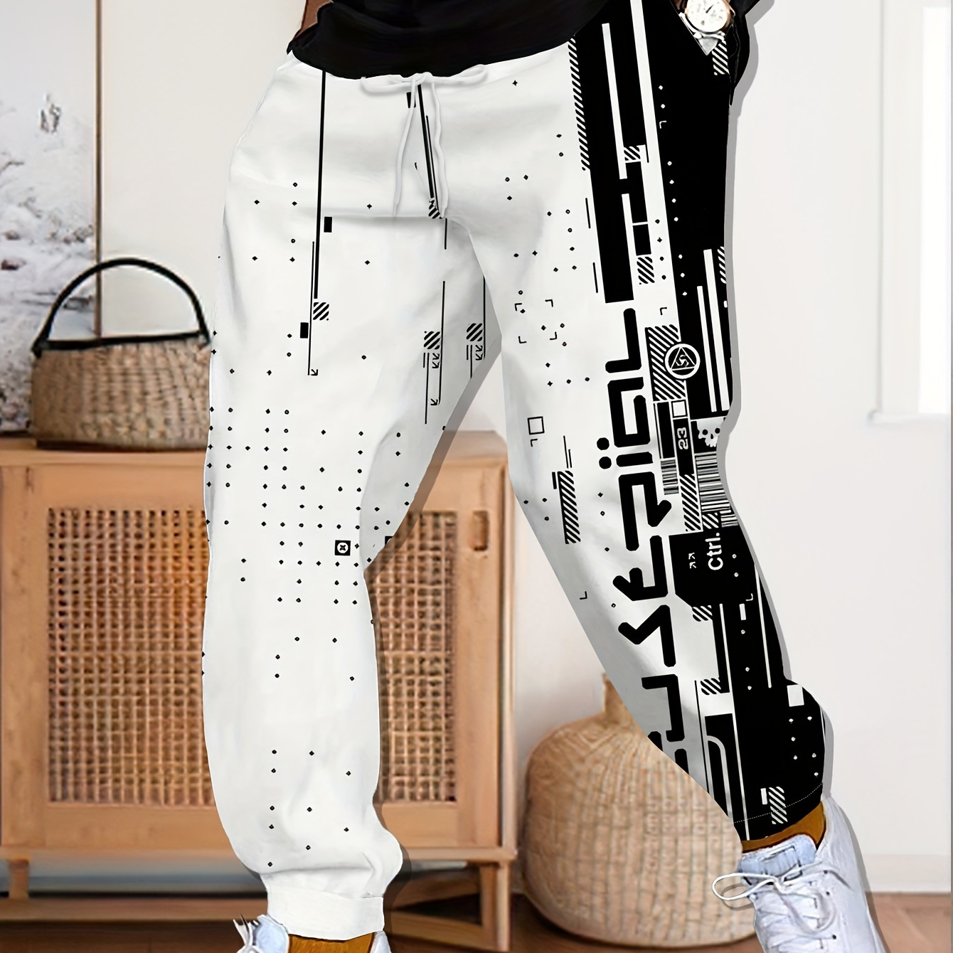 

Men's Color Blocking Print Jogger Sweatpants With Drawstring, Casual Sports Trousers As Gift