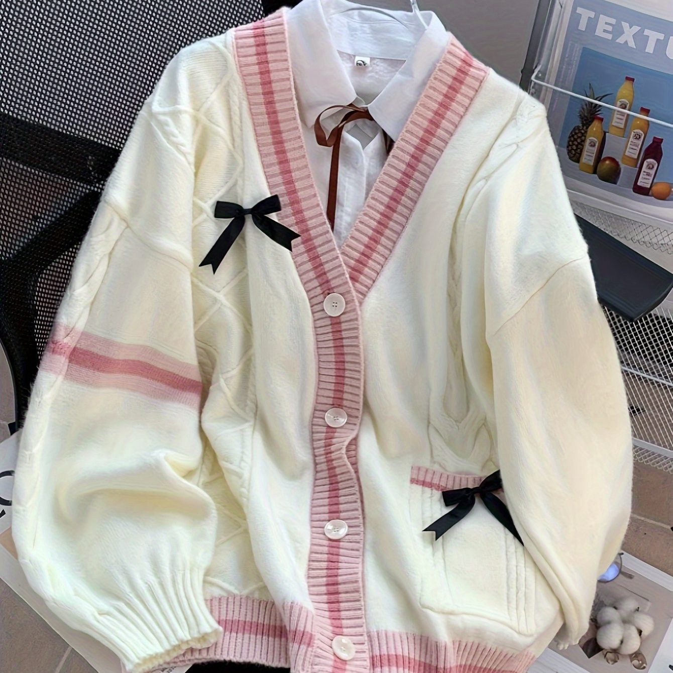 

Elegant V-neck Knitted Sweater Cardigan With Bow Detail, Acrylic, , Knit Fabric, Fashion