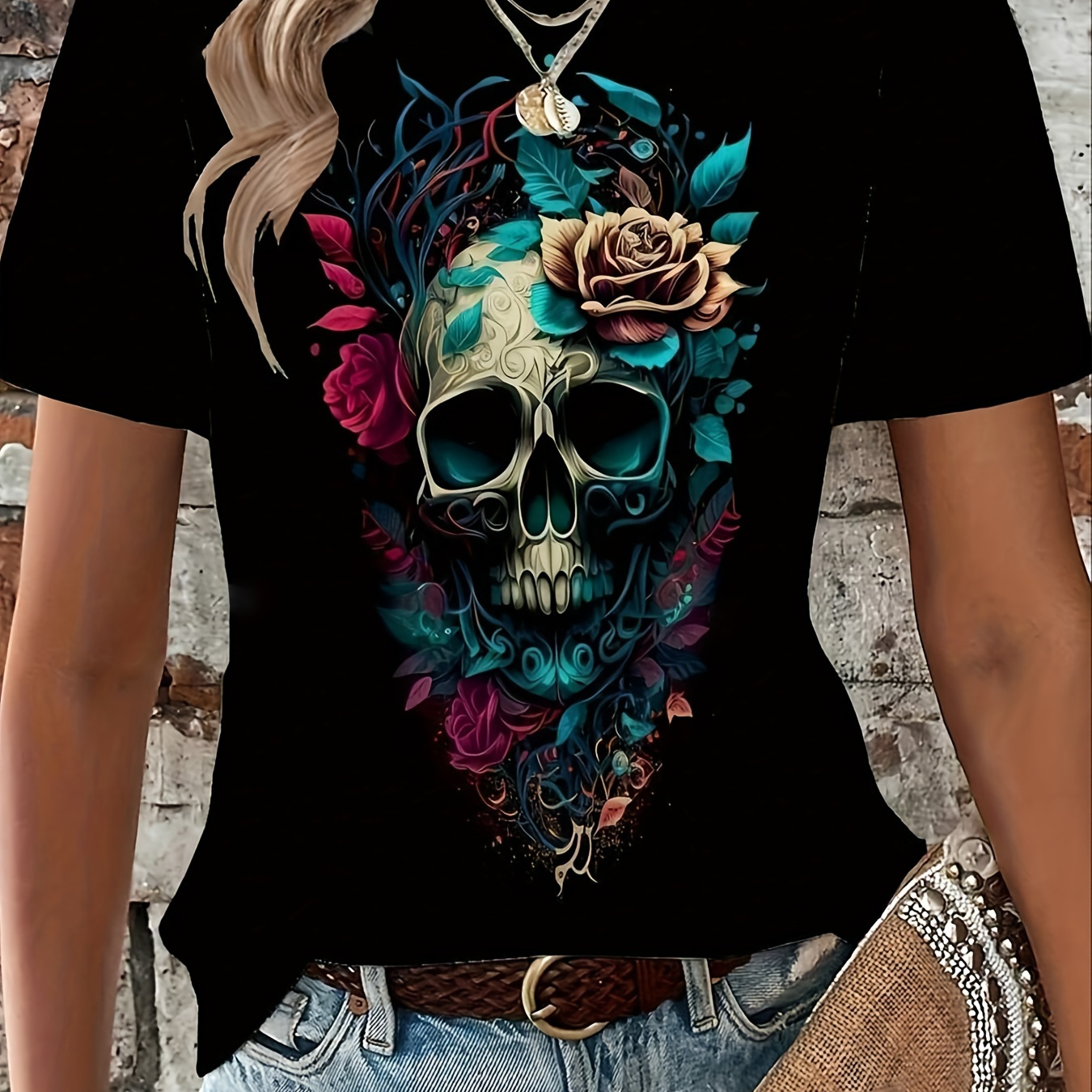 

Women's Casual Crew Neck T-shirt With Floral Skull Print, Polyester And Spandex Blend, Knit Fabric, Regular Length, All-season Top