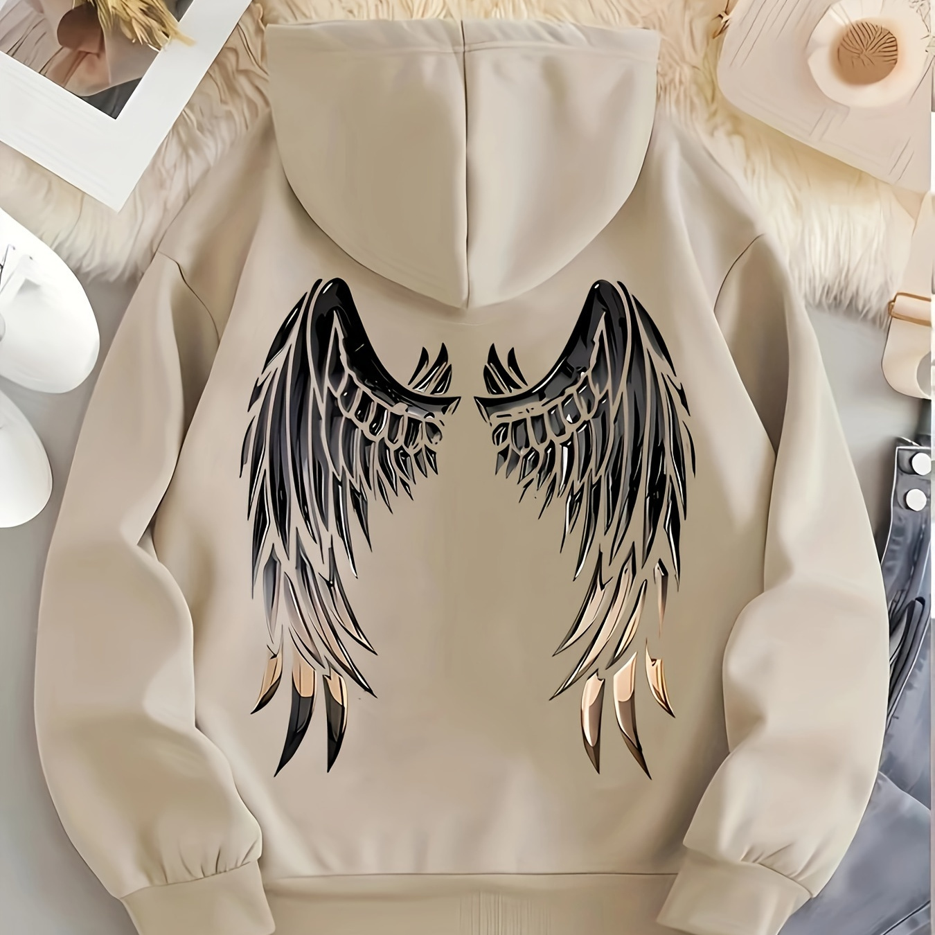 

Print Hoodie, Drawstring Casual Hooded Sweatshirt For Fall & Spring, Women's Clothing