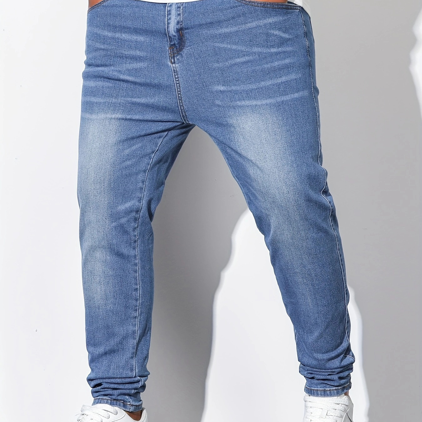 Plus Size Men's Skinny Jeans, Casual Solid Washed Denim Long Pants