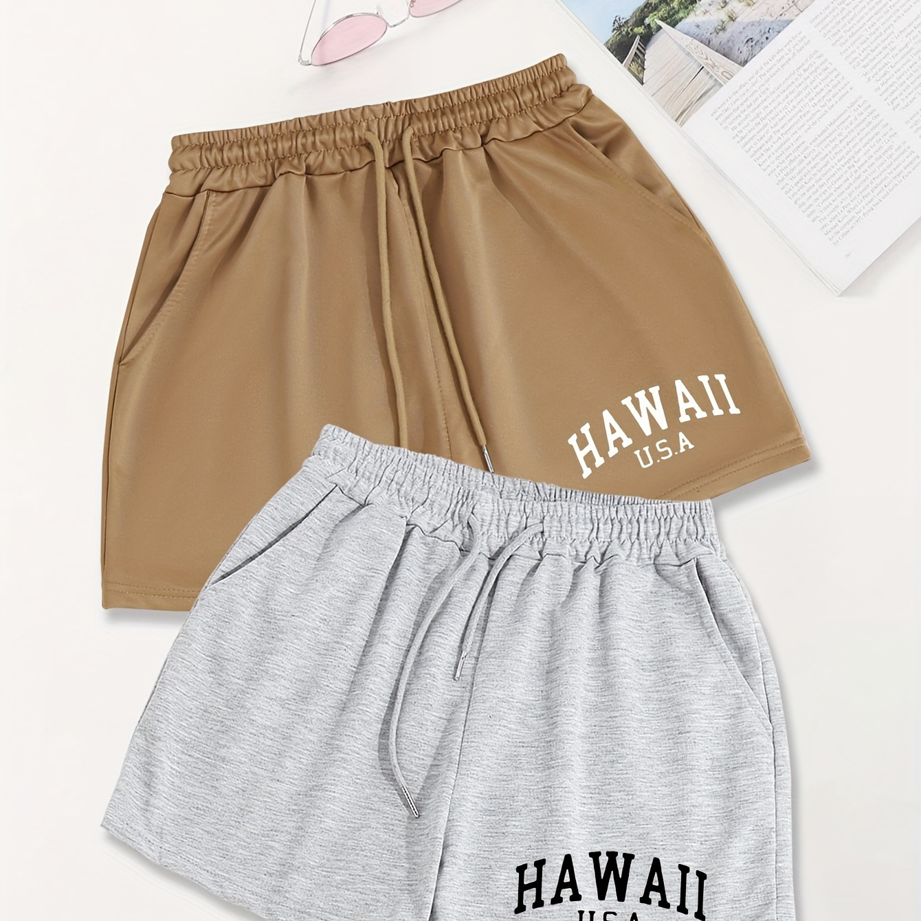 

Letter Print Shorts 2 Pack, Casual Drawstring Sporty Shorts For Spring & Summer, Women's Clothing