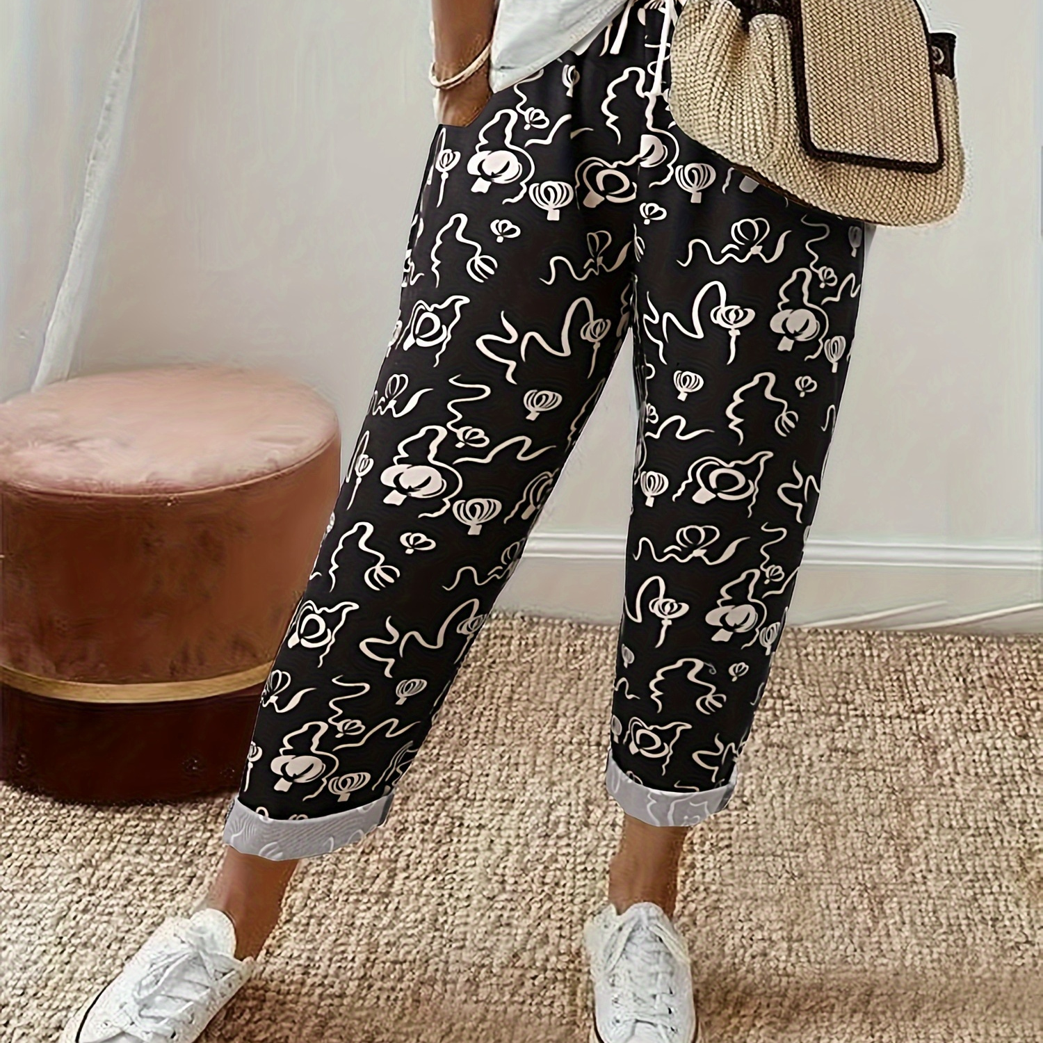 

Print Loose Pants, Casual Drawstring Waist Pants For Spring & Fall, Women's Clothing