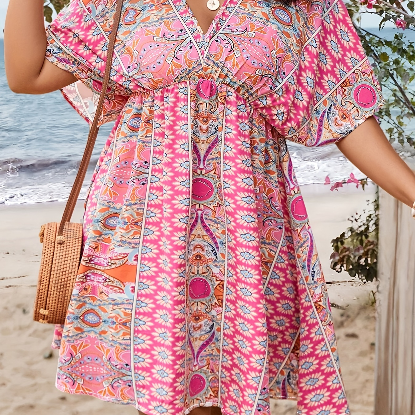 

Plus Size Floral Print Cinched Waist Dress, Vacation V Neck Short Sleeve Dress For Spring & Summer, Women's Plus Size Clothing