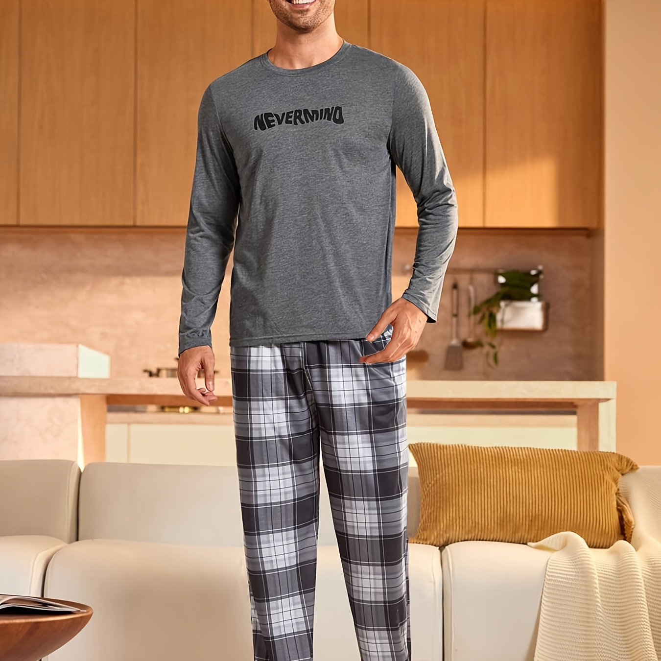 

Men's Cozy Pajama Set With Letter Print - Long Sleeve Crew Neck Top & Pants, Polyester , Machine Washable