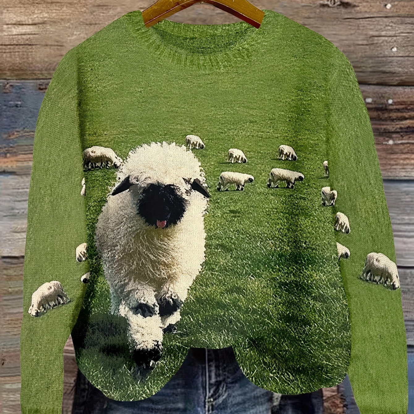 

Sheep Print Crew Neck Pullover Sweater, Stylish Long Sleeve Thin Sweater For Spring & Fall, Women's Clothing
