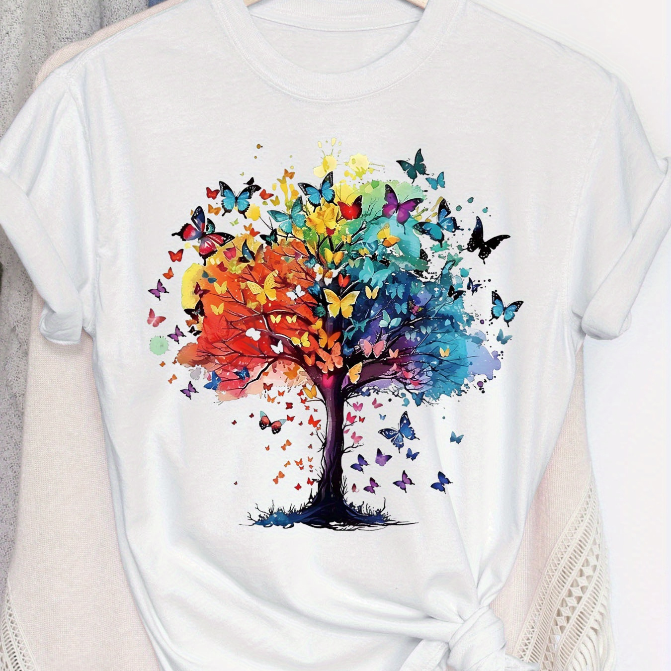 

Butterfly Tree Print T-shirt, Short Sleeve Crew Neck Casual Top For Summer & Spring, Women's Clothing