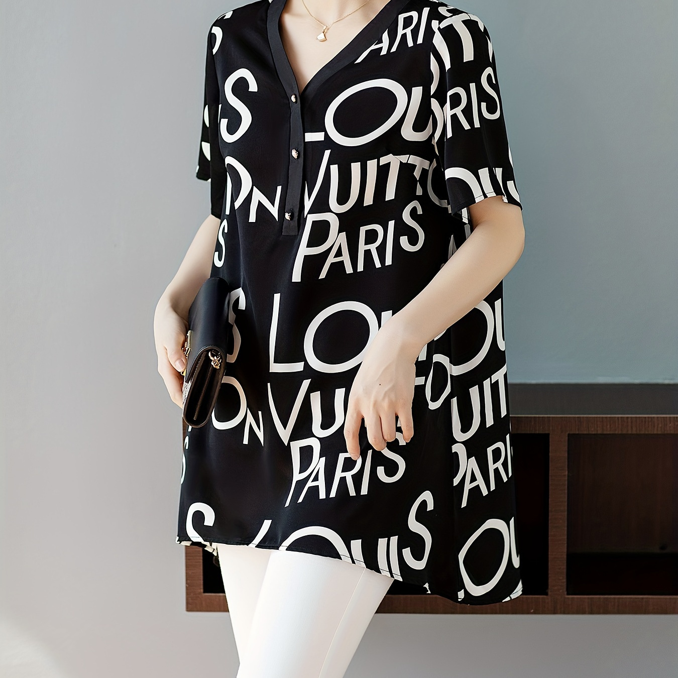 

Plus Size Letter Print Blouse, Casual V Neck Short Sleeve Blouse For Spring, Women's Plus Size clothing