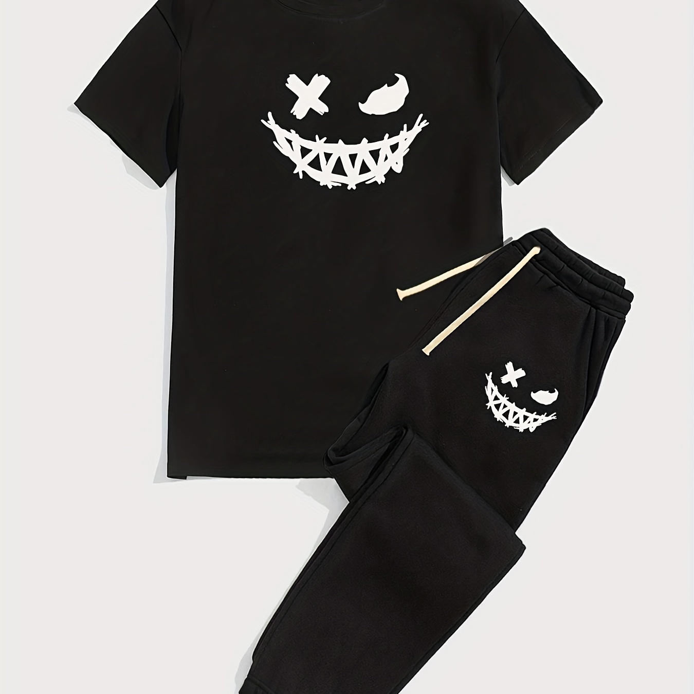 

Men's Abstract Smiling Face Graphic Print Casual T-shirt Outfit Set, Round Neck Short Sleeve Tee And Drawstring Sweatpants