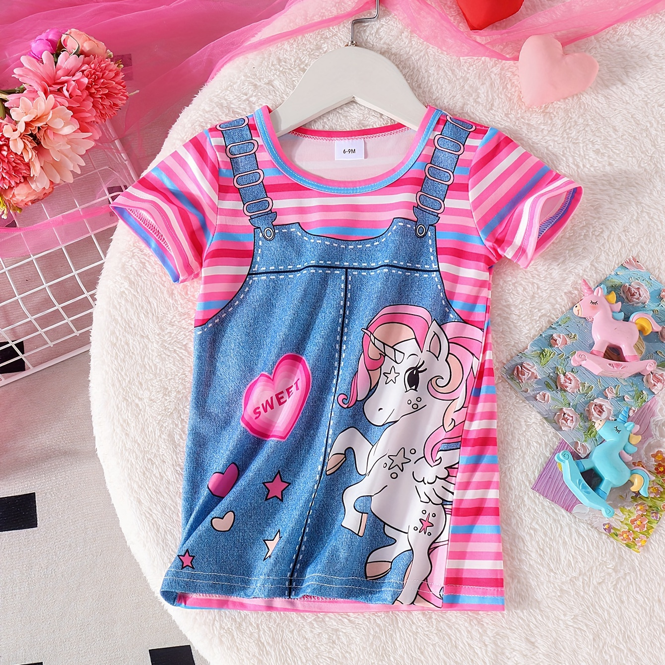 

Baby's Casual Flying Horse Imitation Denim Pattern Striped Short Sleeve Dress, Infant & Toddler Girl's Clothing For Summer Daily Wear/holiday/party, As Gift