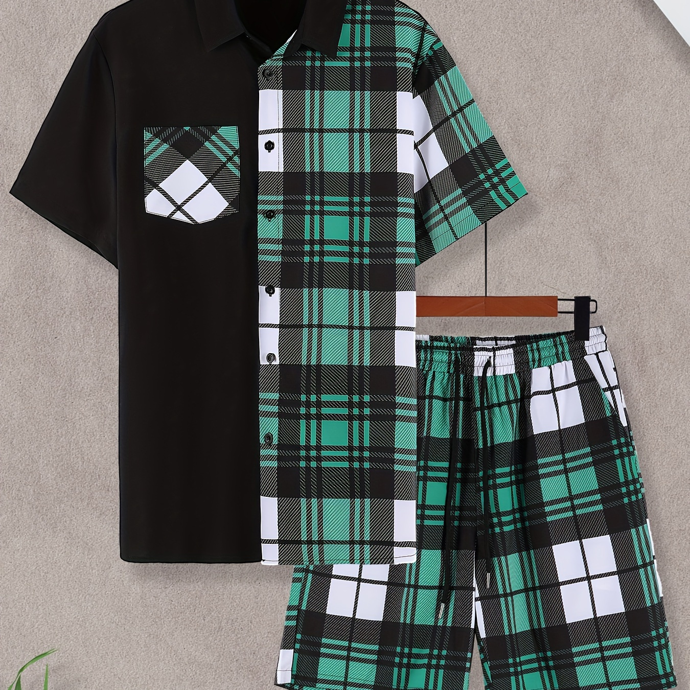 

Plaid Pattern 2-piece Men's Stylish Summer Vacation Outfit Set, Men's Color Block Short Sleeve Lapel Shirt With Chest Pocket & Shorts Set