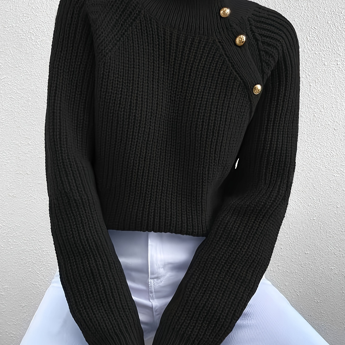 

Elegant Black Turtleneck Sweater For Women - Chic Long Sleeve Knit Pullover With Decorative Buttons, Ribbed Detail - 100% Polyester, Machine Washable - Ideal For Fall & Winter