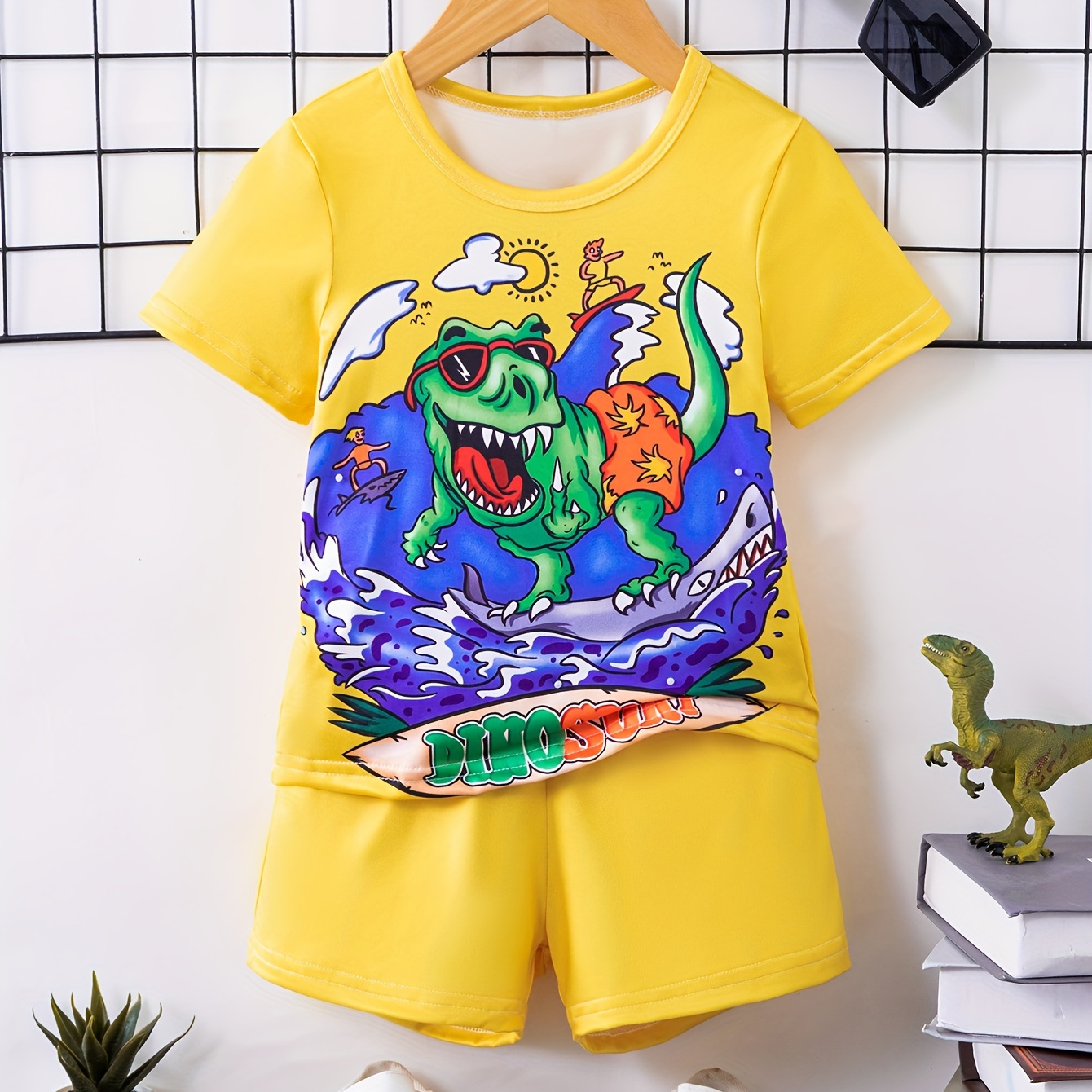

2pcs Infant & Toddler's Dinosaur & Shark Print Summer Set, T-shirt & Casual Shorts, Baby Boy's Clothes