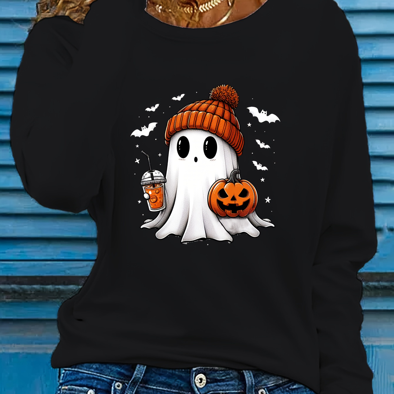 

Cute Ghost Print T-shirt, Long Sleeve Crew Neck Casual Top For Spring & Fall, Women's Clothing