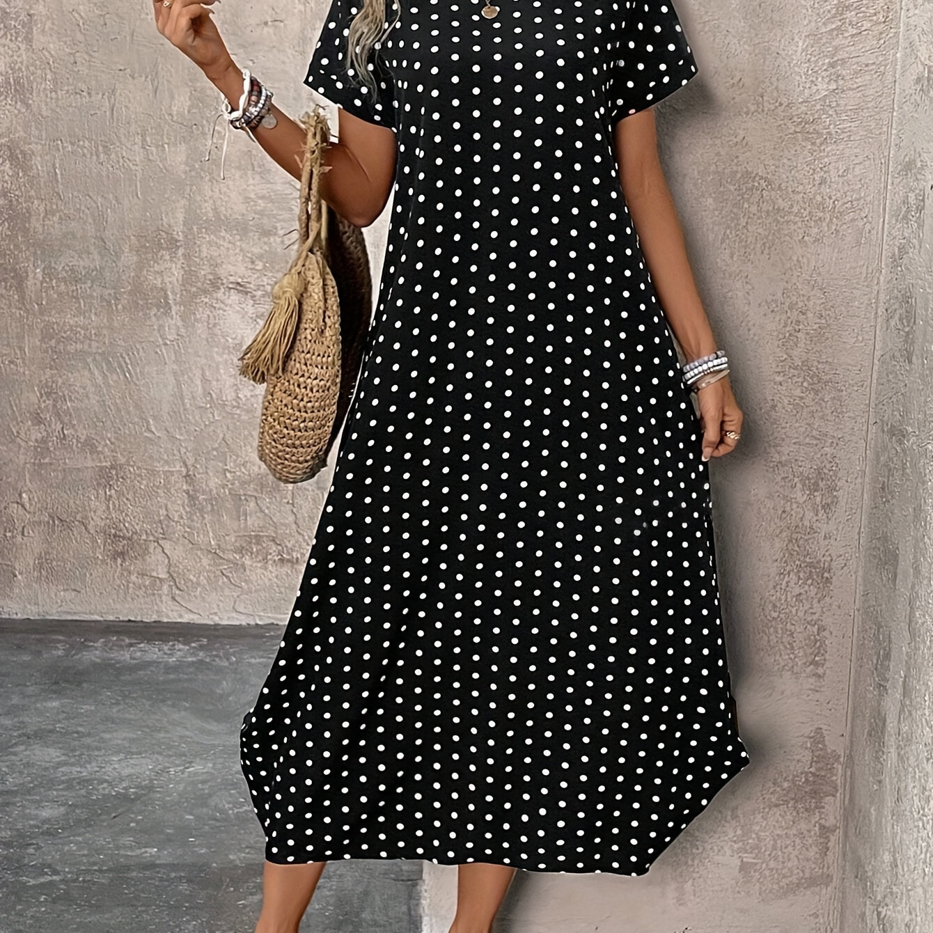 

Plus Size Polka Dot Print Midi Dress, Short Sleeve Vacation Dress For Spring & Summer, Women's Plus Size Clothing