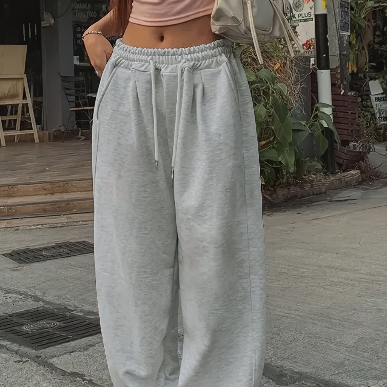 

Women' Solid Color Drawstring Pockets Loose Wide Leg Sweatpants, Casual Grey Long Pants, Polyester, , Regular Fit, Knit Fabric, For Adult Casual