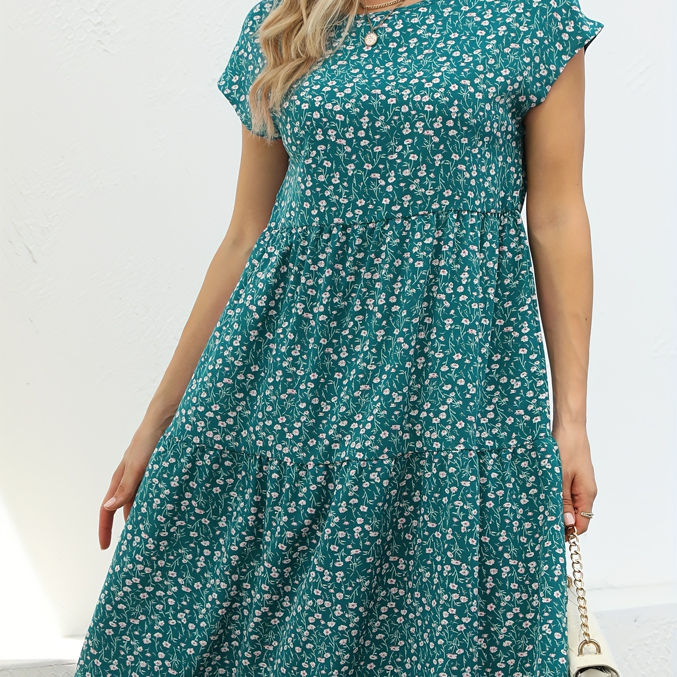 

Ditsy Floral Print Ruffle Hem Dress, Casual Short Sleeve Dress For Spring & Summer, Women's Clothing