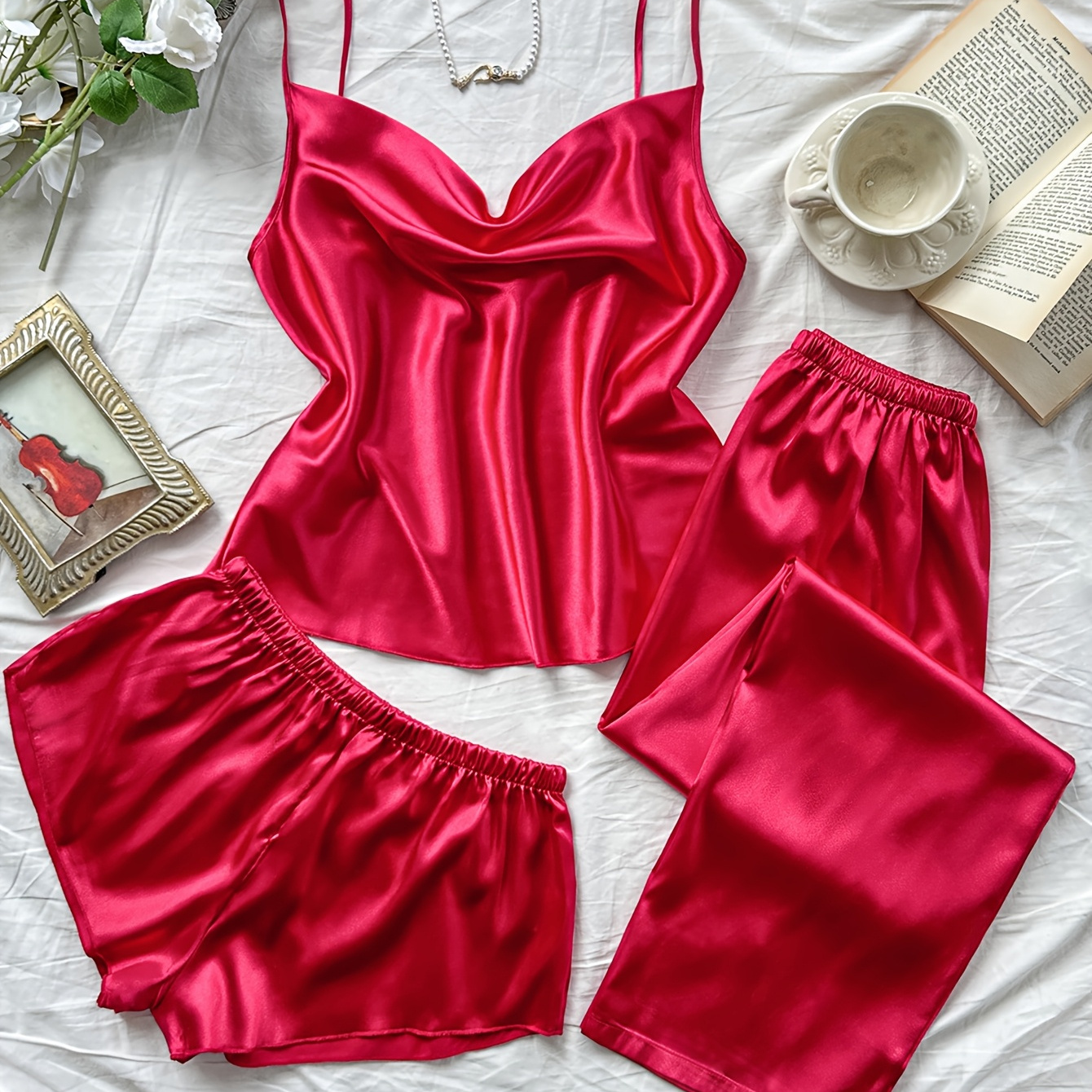 

Valentine's Day Red Simulated Women's Pile Neck Comfortable Sexy Bra Top Pants Shorts 3pcs Set