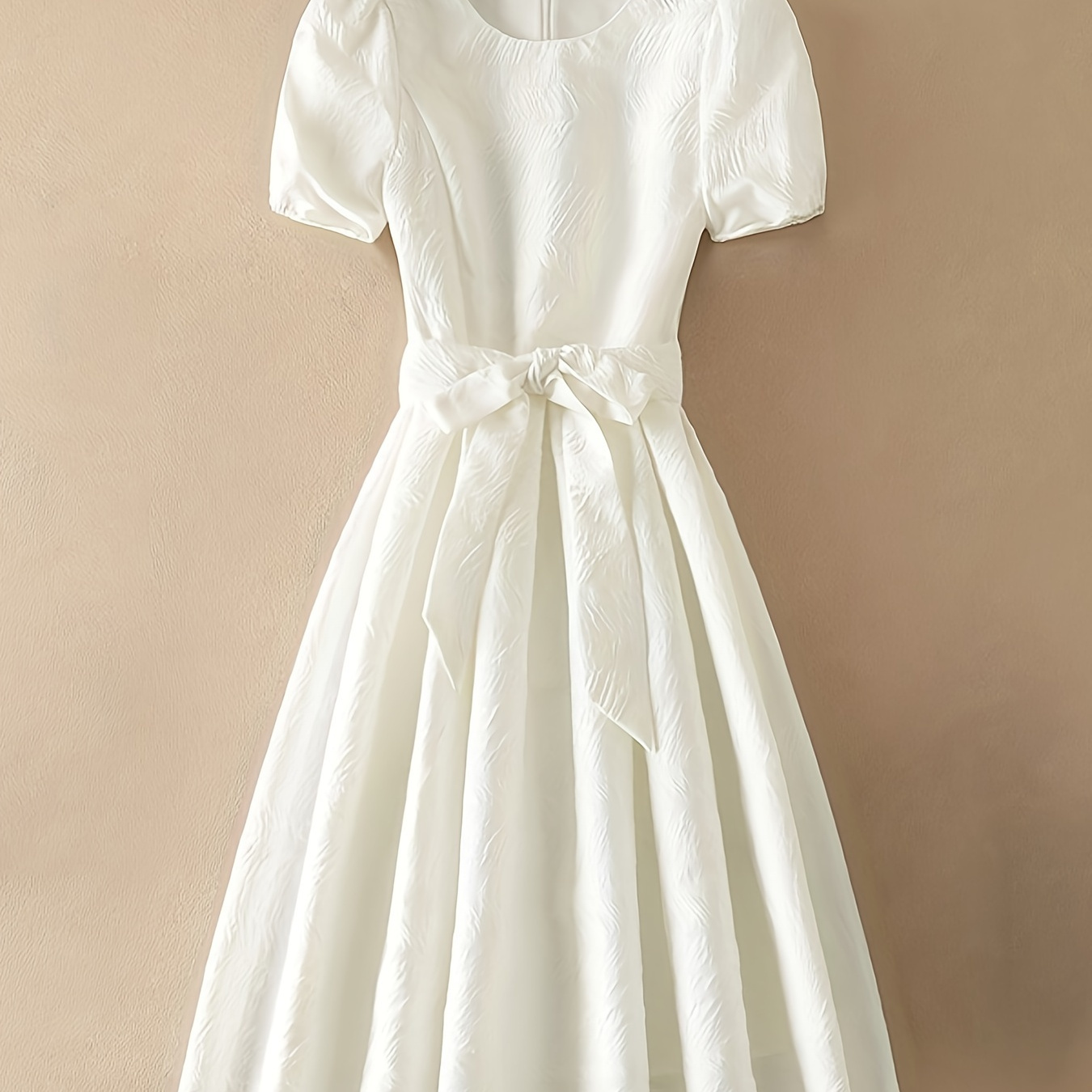 

Elegant A-line White Dress With Puffed Sleeves And Waist Tie - Perfect For Spring/summer/autumn Seasons